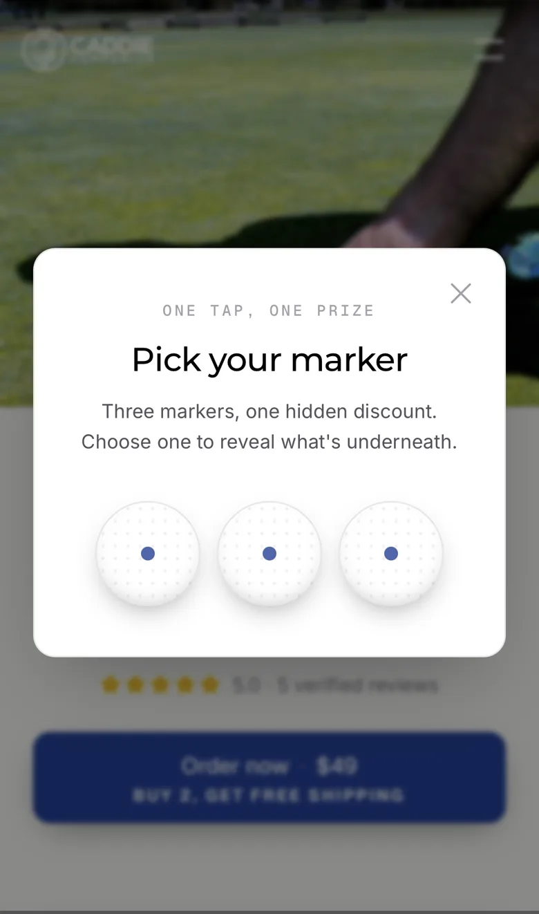 Caddie Companion pop-up on mobile: 'Pick your marker. Three markers, one hidden discount.'