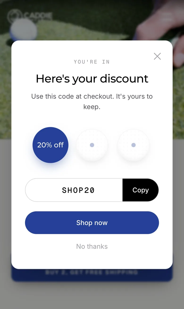 The same pop-up after a tap: the marker flips to reveal 20% off and a code to copy.