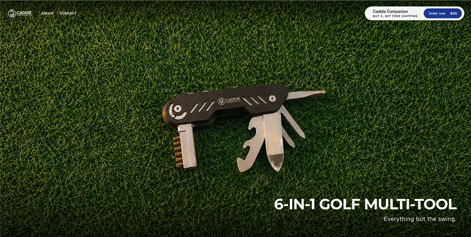 The new Caddie Companion store: the tool fanned open on grass under the headline '6-in-1 Golf Multi-Tool. Everything but the swing.'