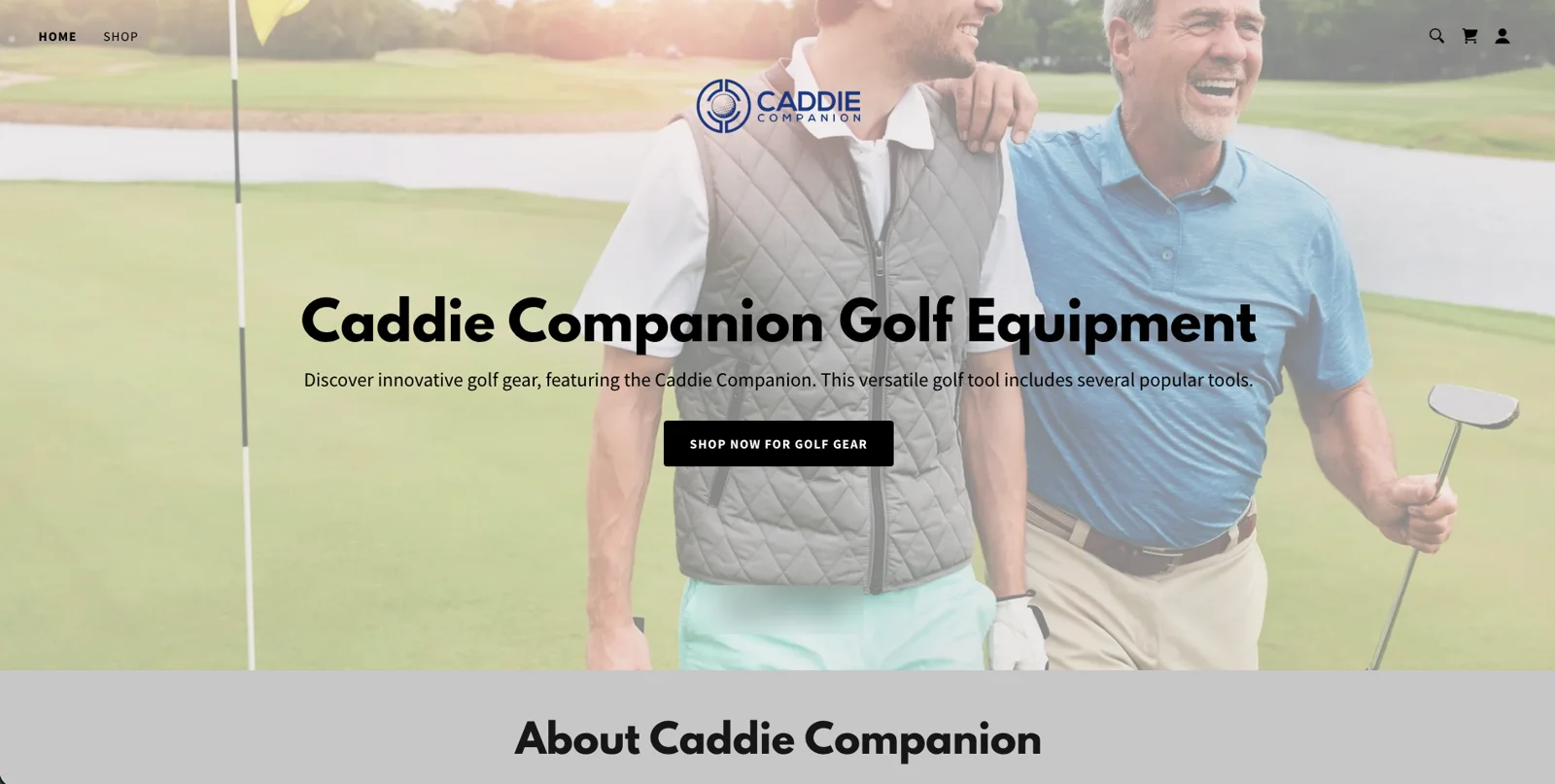 The old Caddie Companion store on GoDaddy: a stock photo of two golfers and the headline 'Caddie Companion Golf Equipment'.