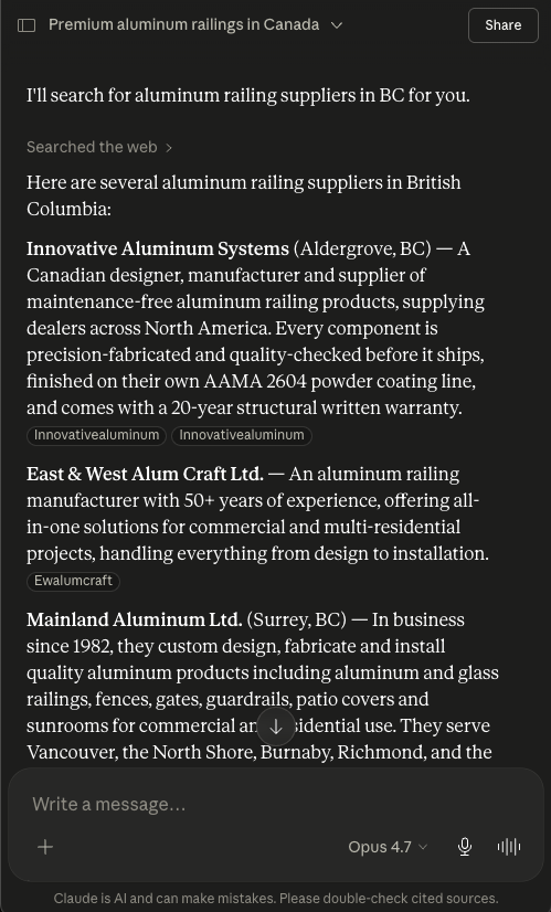 Claude conversation: asked 'Premium aluminum railings in Canada,' Claude lists Innovative Aluminum Systems first, with citations to innovativealuminum.com.
